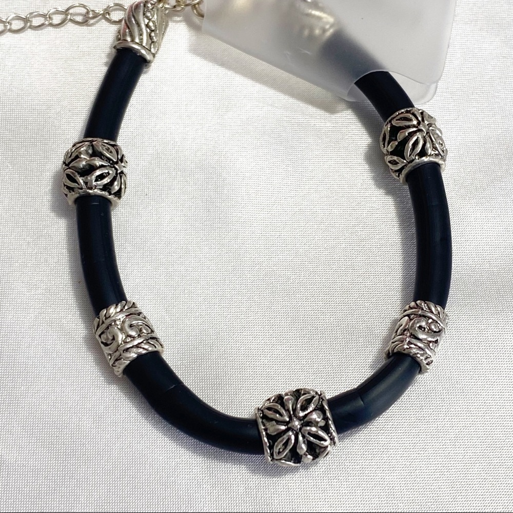 NEW chunky black cord silvertone antiqued beads adjustable chain links
